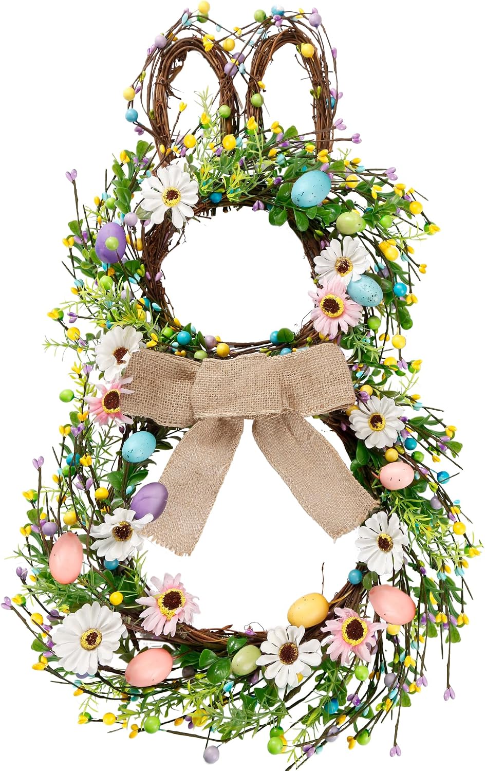 Sggvecsy 25 Inch Easter Bunny Shaped Flower Wreath with Berries and Daisies