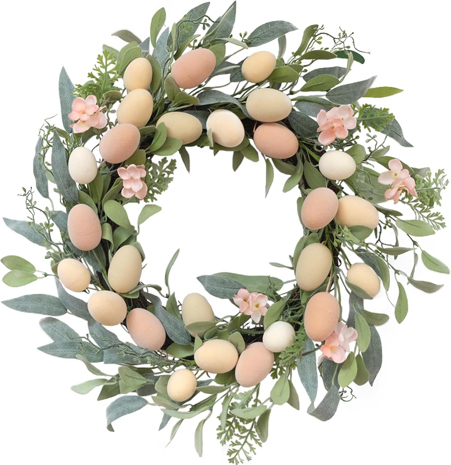 TEMPUS 20 Inch Easter Flocked Egg Wreath with Pastel Eggs, Handmade