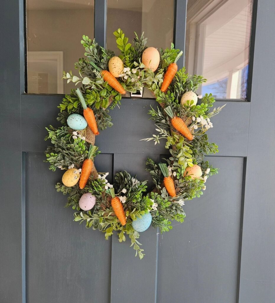 Carrot patch Easter wreath with decorative carrots and a gingham bow
