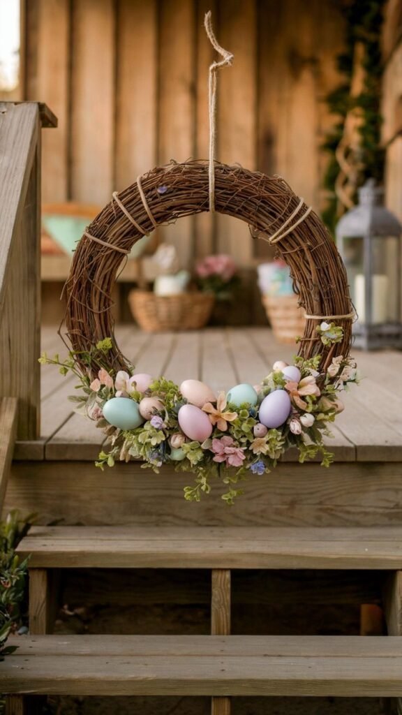 Whimsical Easter wreath covered in colorful speckled eggs
