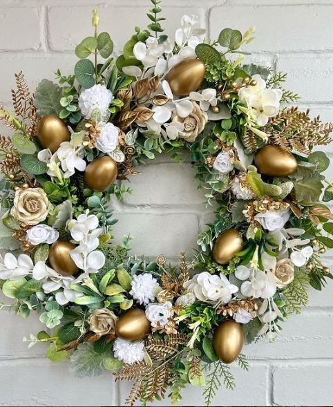 Luxe gold and white Easter wreath with metallic accents
