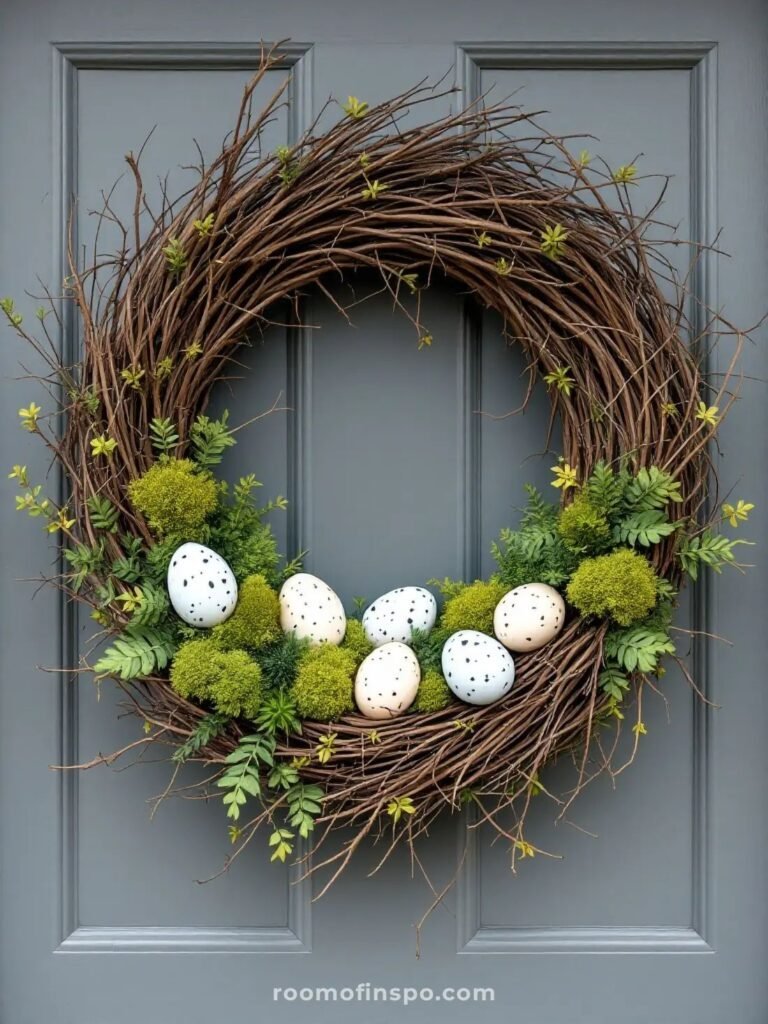 Rustic Easter wreath made from natural twigs, moss and a small bird's nest