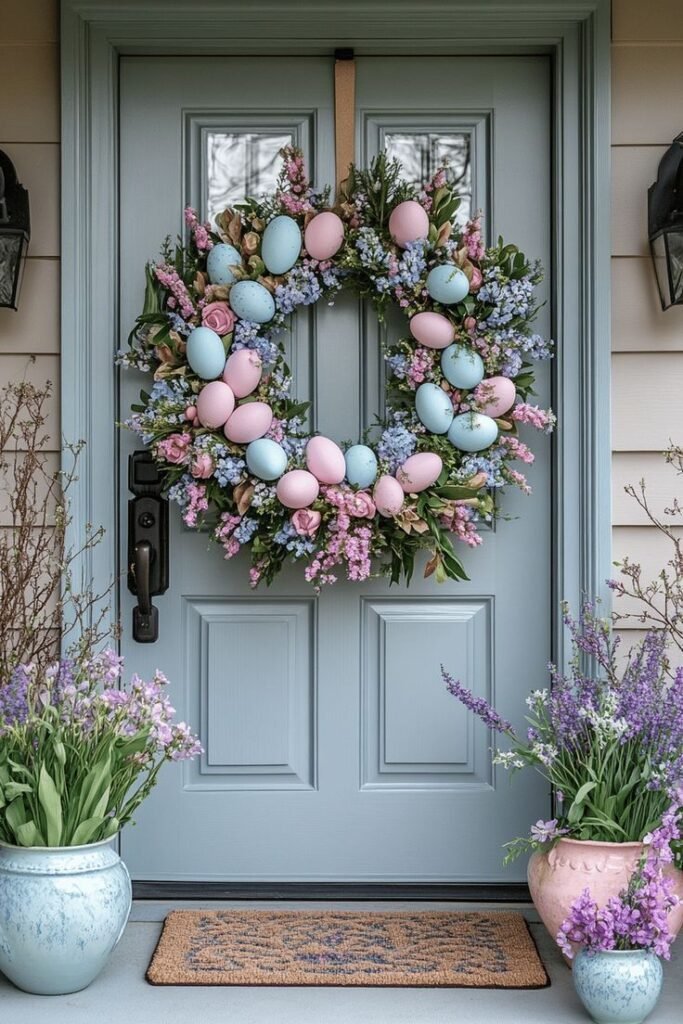 Speckled egg and hydrangea Easter wreath with large white blooms