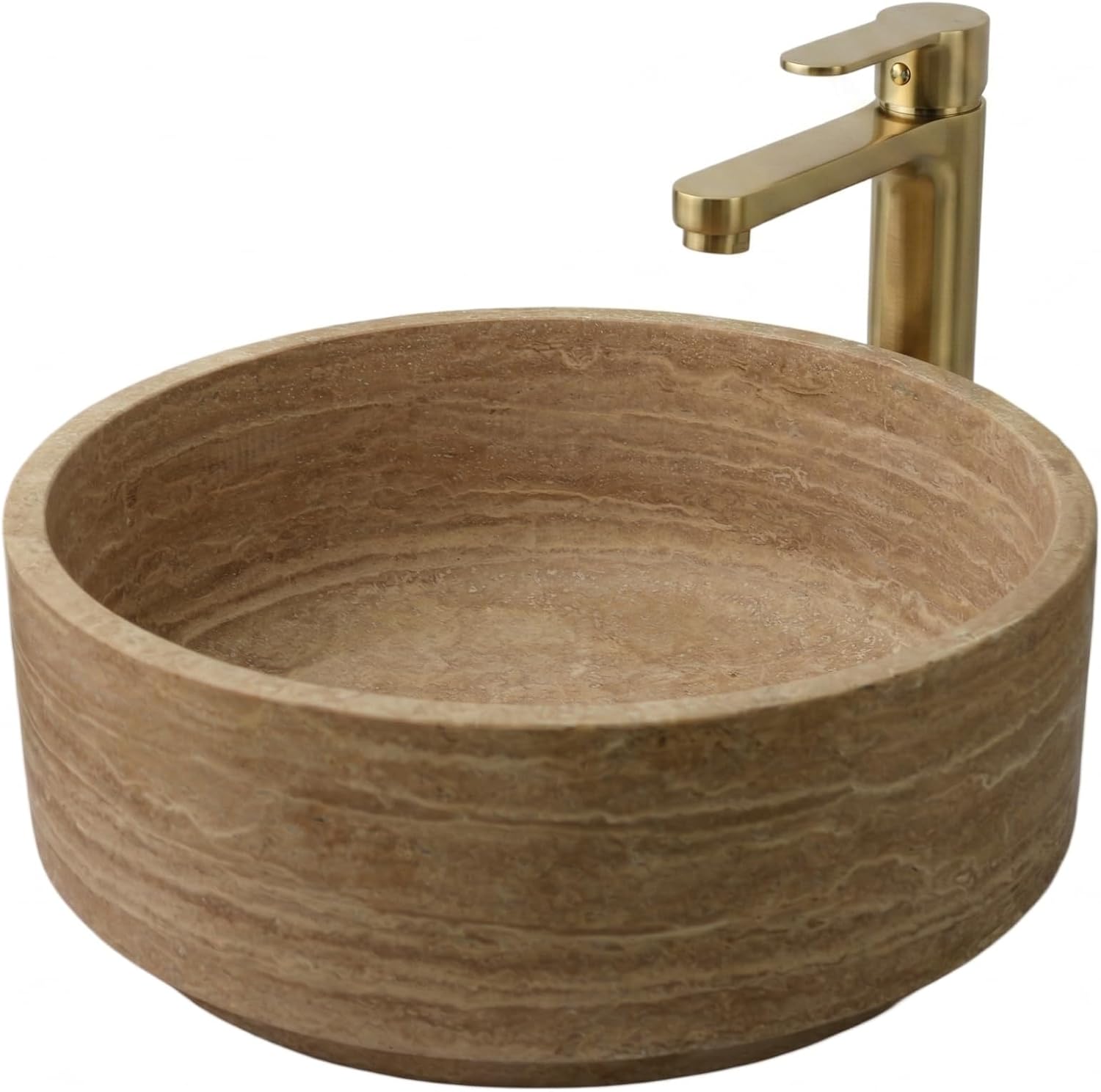 16 Inch Natural Travertine Stone Round Vessel Sink, Warm Beige