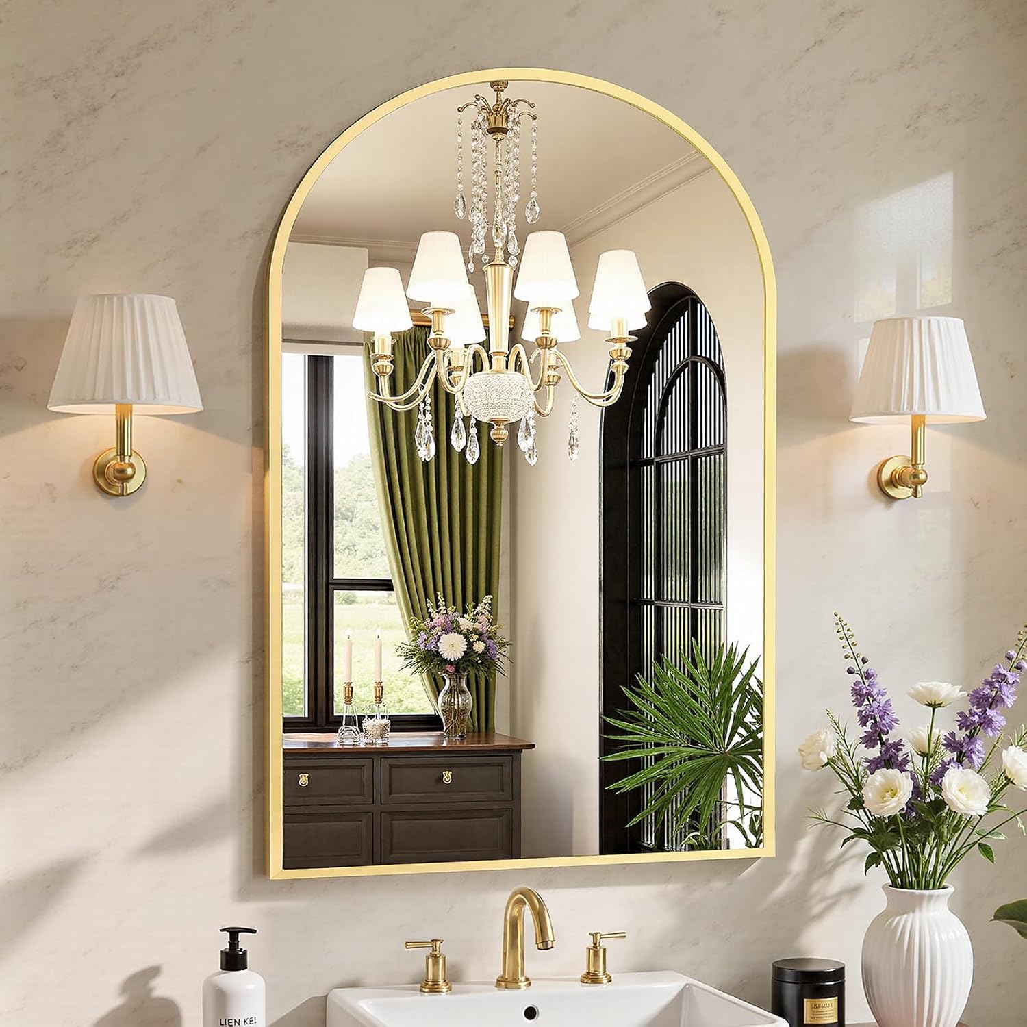 Sweetcrispy Arched Gold Wall Mirror, 24 x 36 Inch