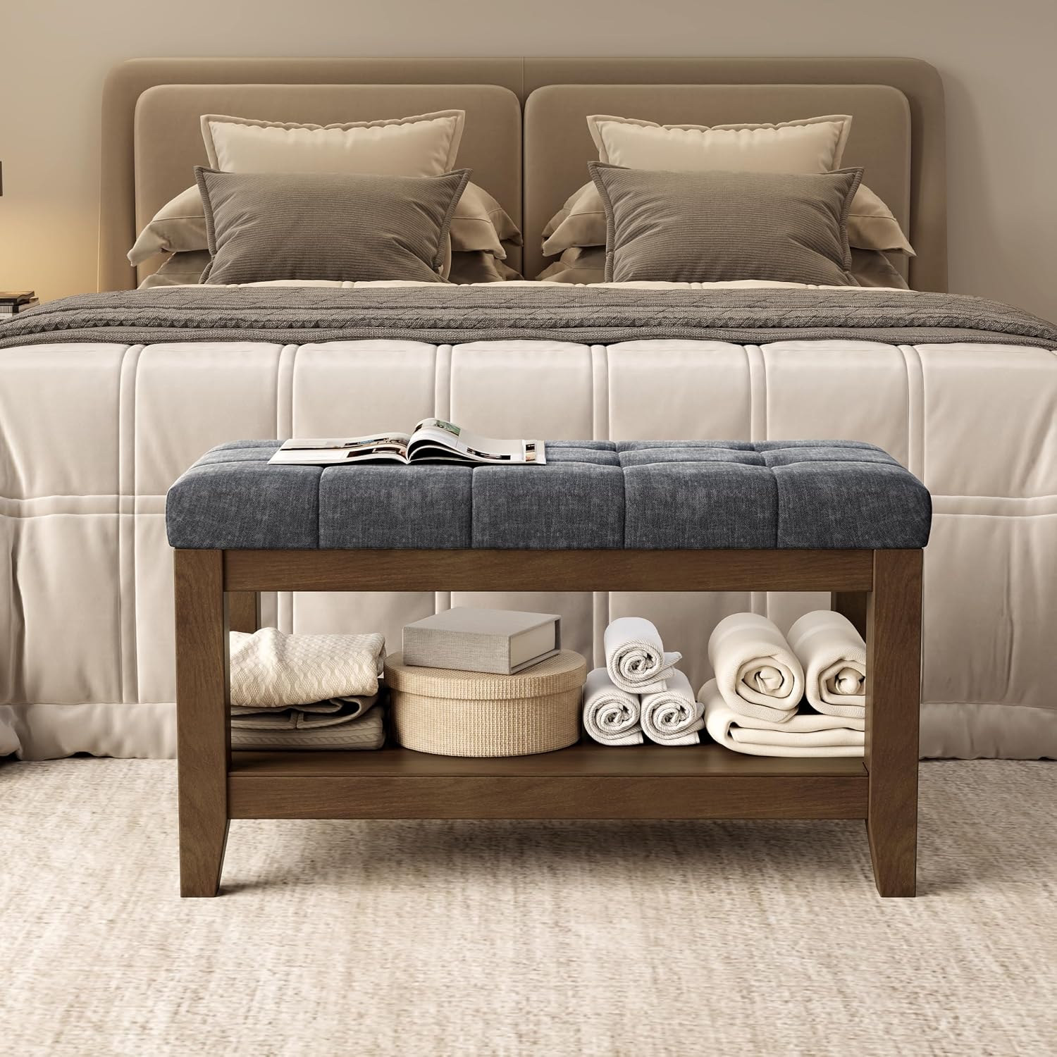 ABHENG Upholstered Shoe Bench, Rubber Wood, Dark Gray Chenille
