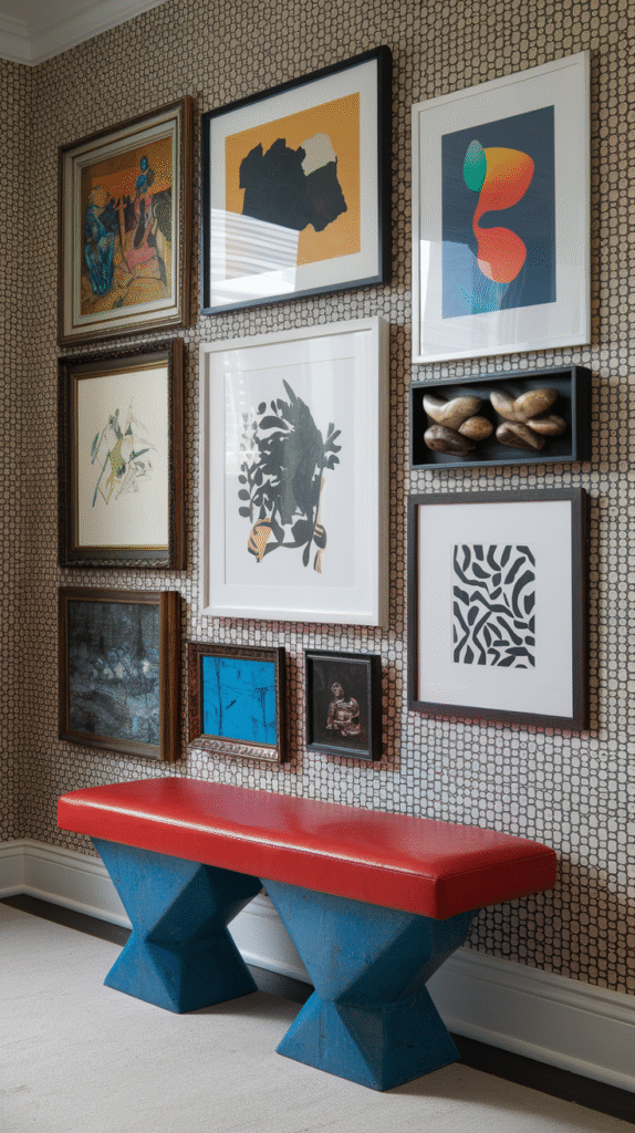 Sculptural bench doubling as an art piece in the entryway