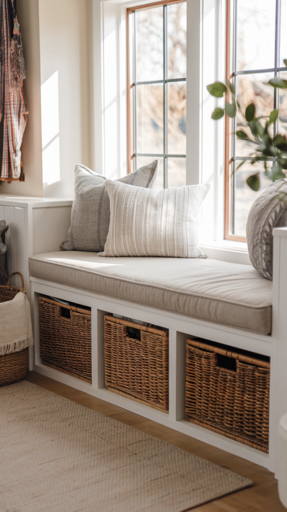 Cushioned bench with convenient underneath storage baskets