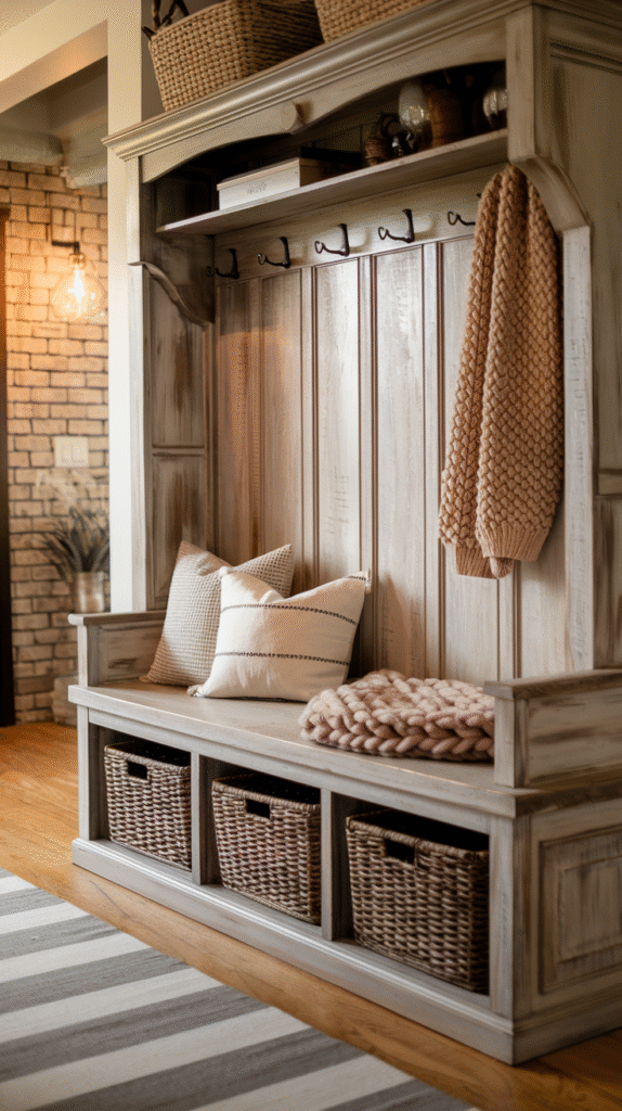 Rustic wood bench adding charm to an entryway