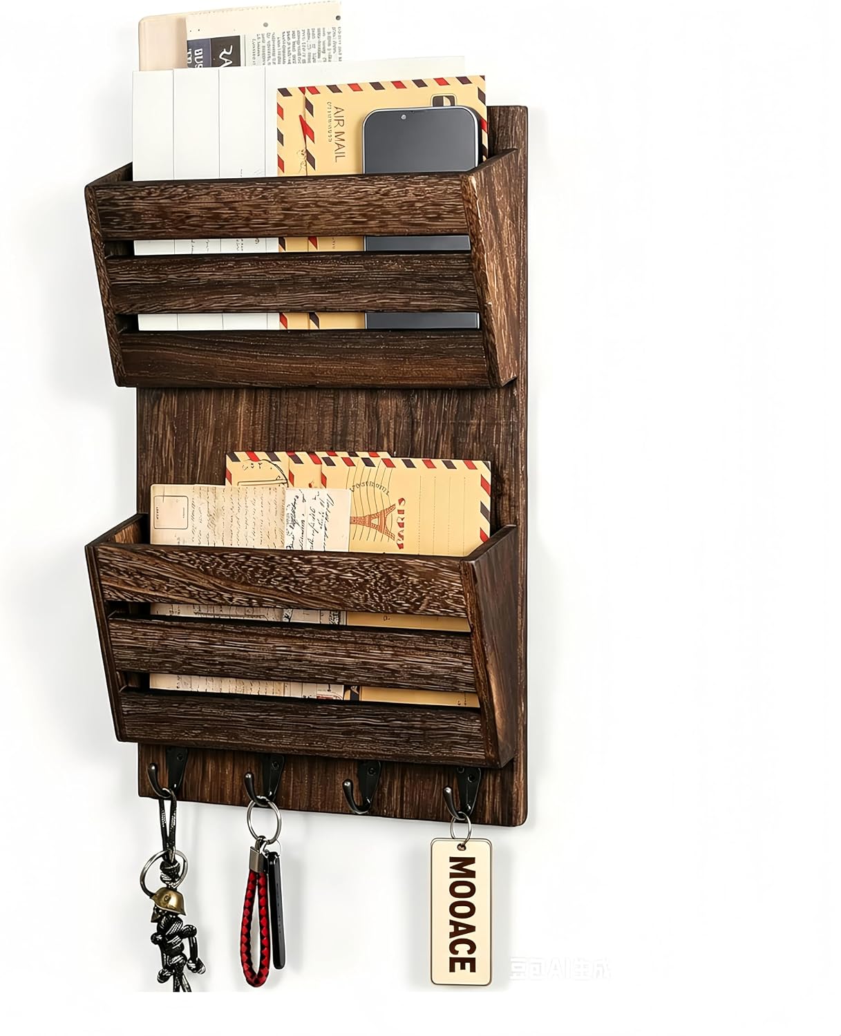 MOOACE Wall Mount Mail Organizer, Wood Mail and Key Holder with Hooks