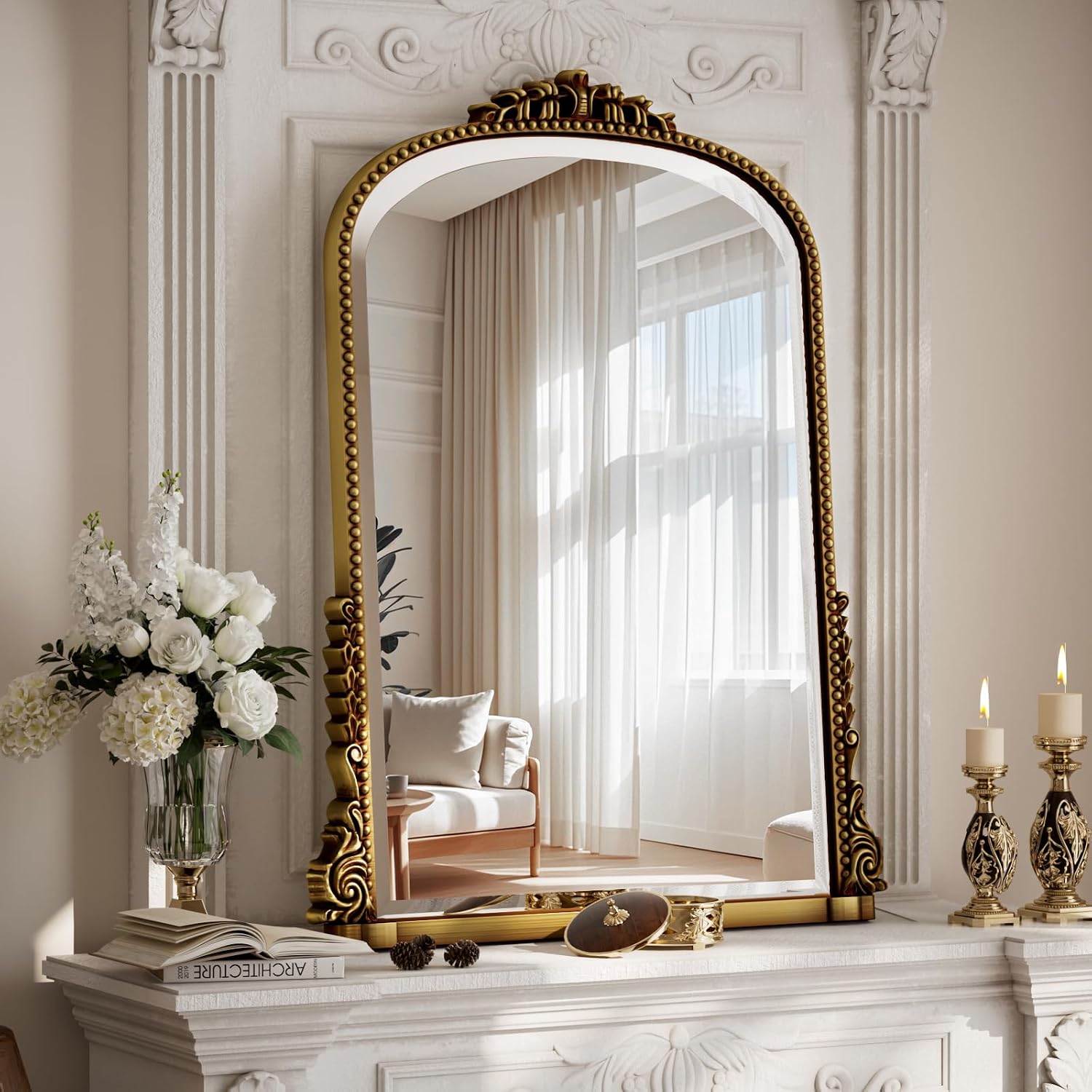 Gold Arched Wall Mirror with Vintage Carving, 24 x 32 Inch