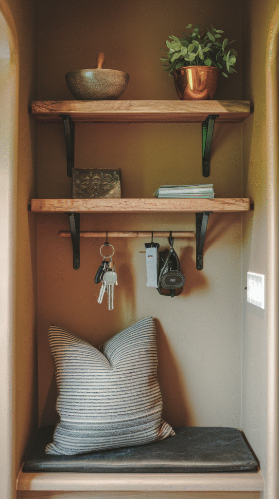 Floating shelf adding function above the entryway hooks
