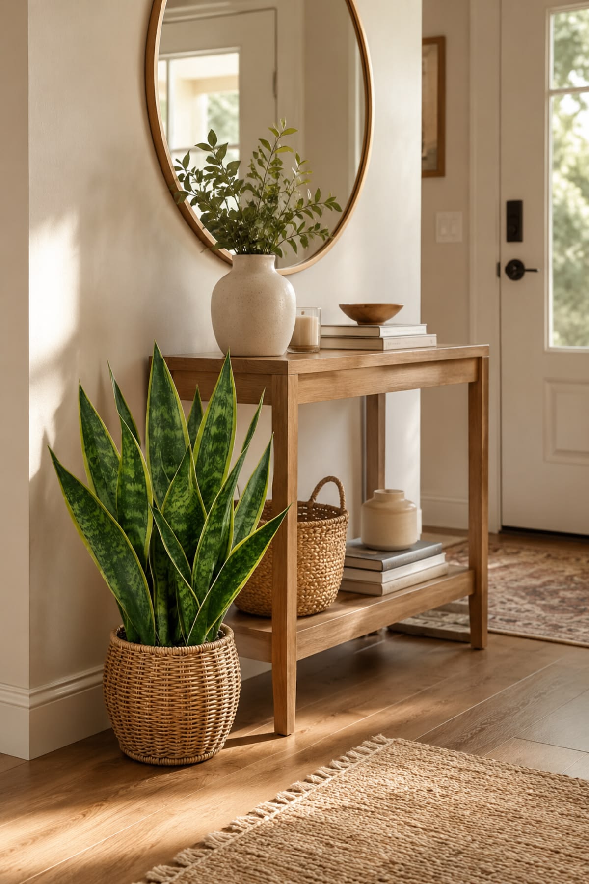 Snake plant and a vase of branches styled beneath an oval mirror on an entryway console