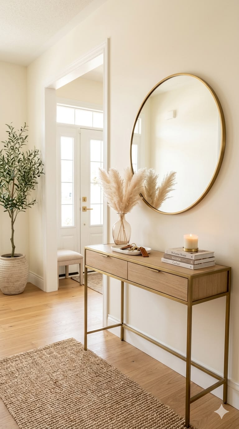 Slim gold-leg console table with a pampas vase, small tray and candle in a narrow entryway