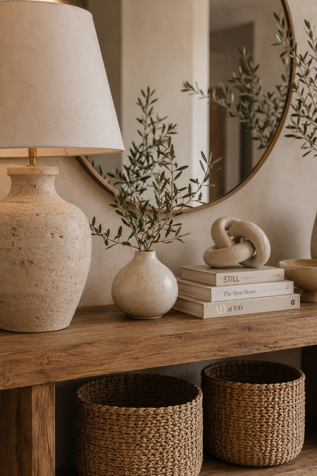 Stacked books topped with a small decorative object beneath a lamp on an entryway table