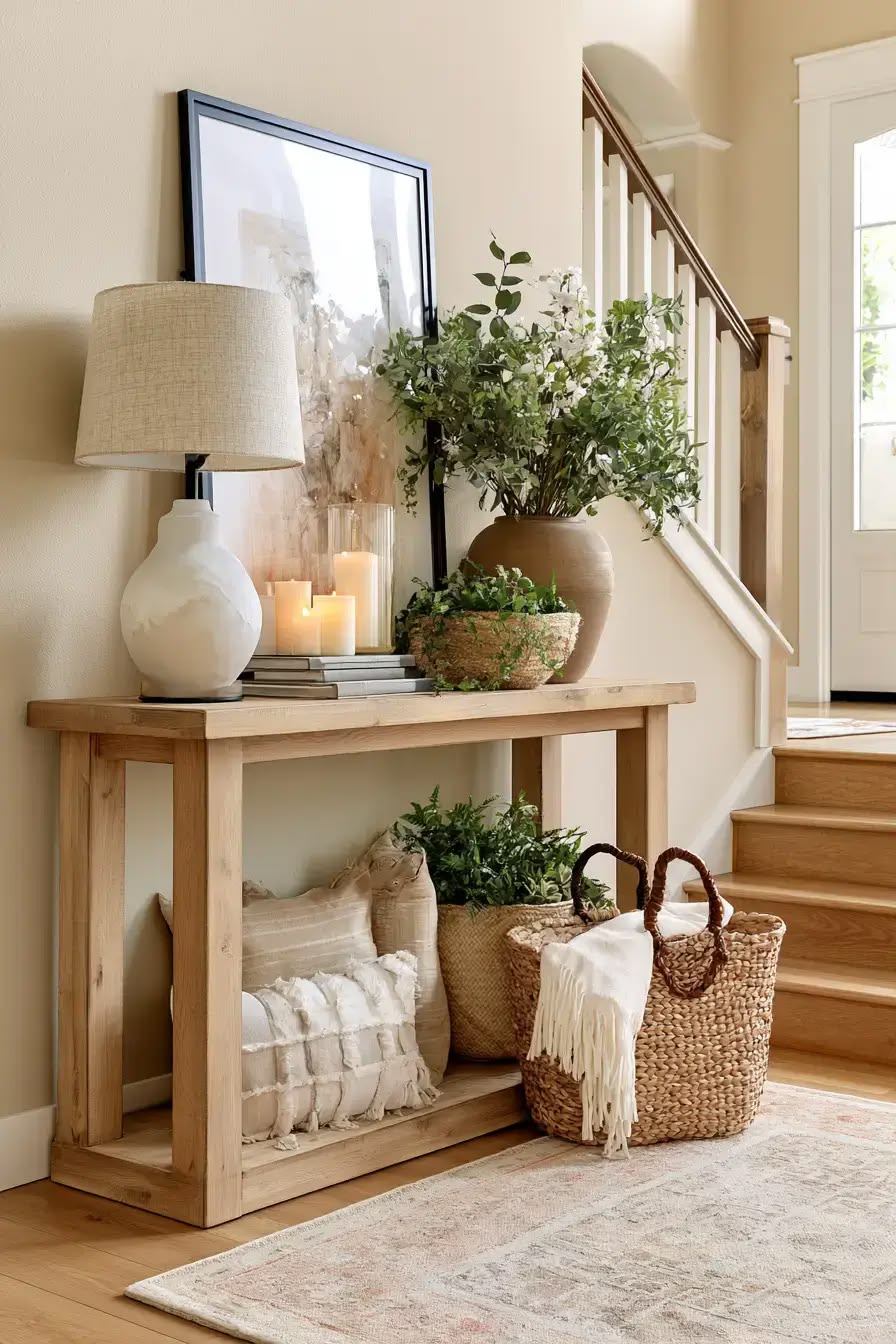 Large framed artwork leaning against the wall behind an entryway table with candles and a plant