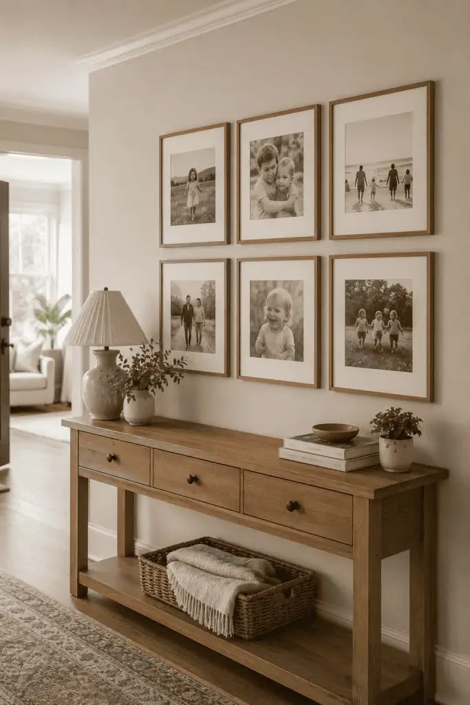 Six black and white family photographs in a gallery grid above an entryway console table