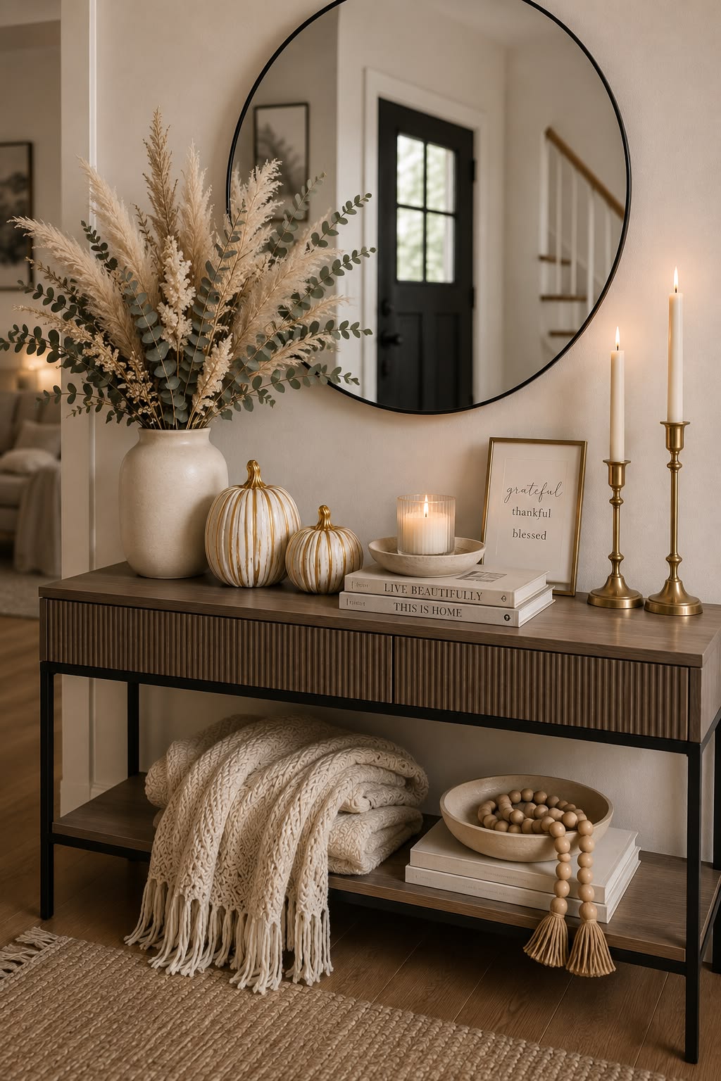 Pampas grass vase, ceramic pumpkins and brass candlesticks styled for autumn on an entryway table