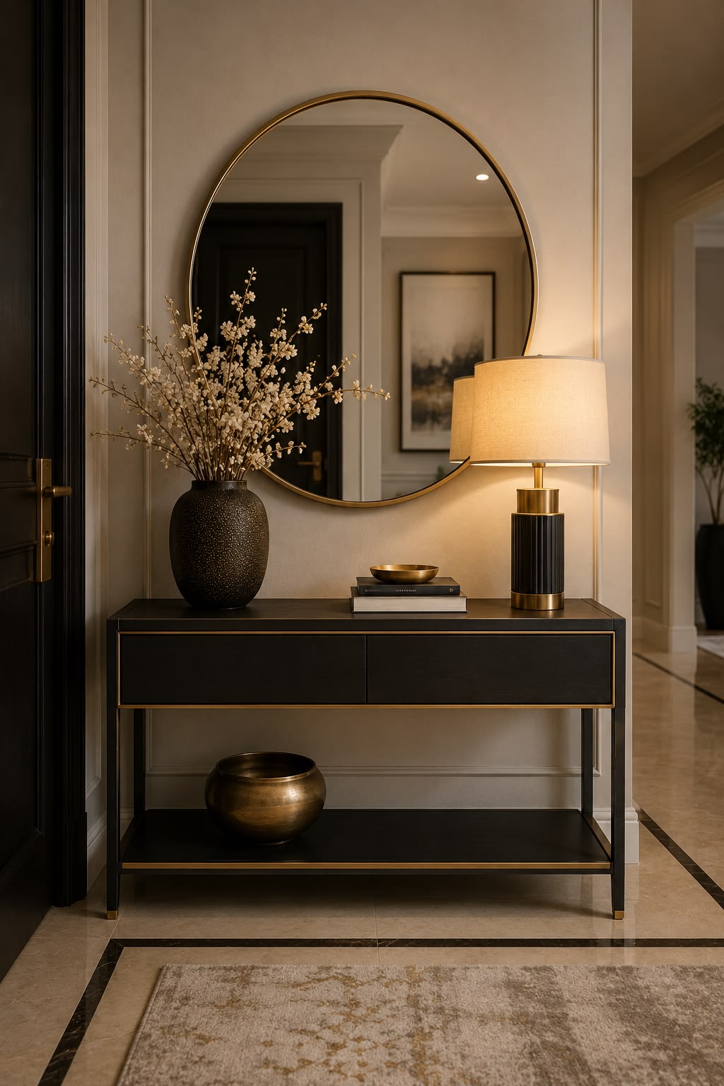 Sleek black and gold console table styled with minimal accessories beneath a round mirror