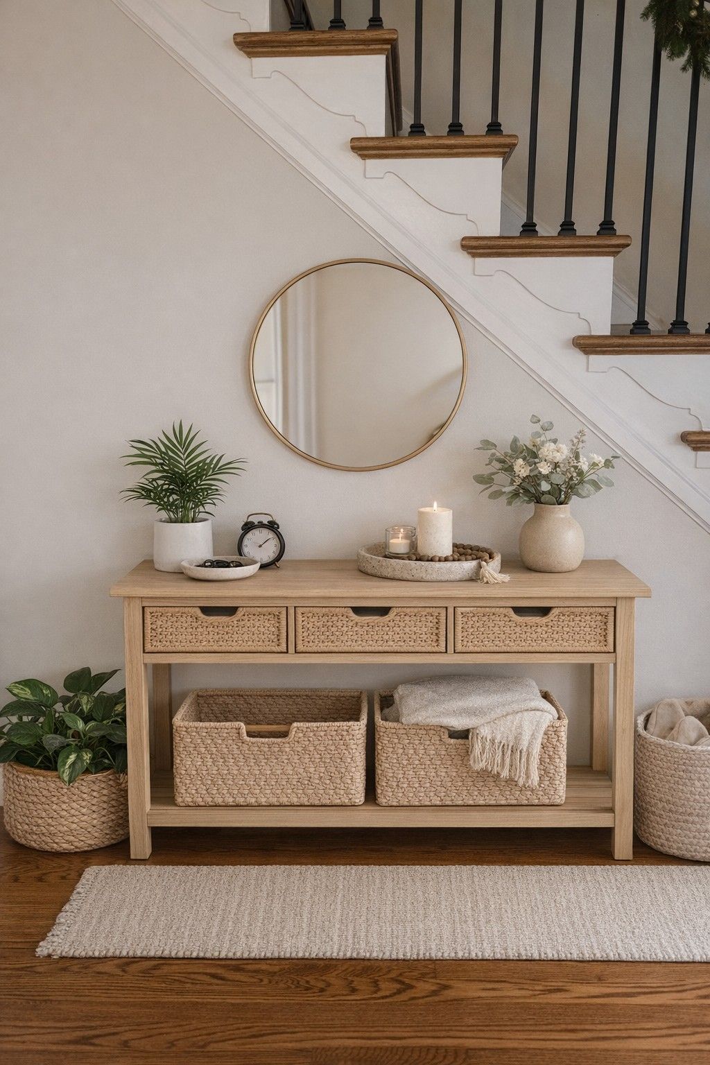 Woven storage baskets and drawers beneath a wood entryway console table