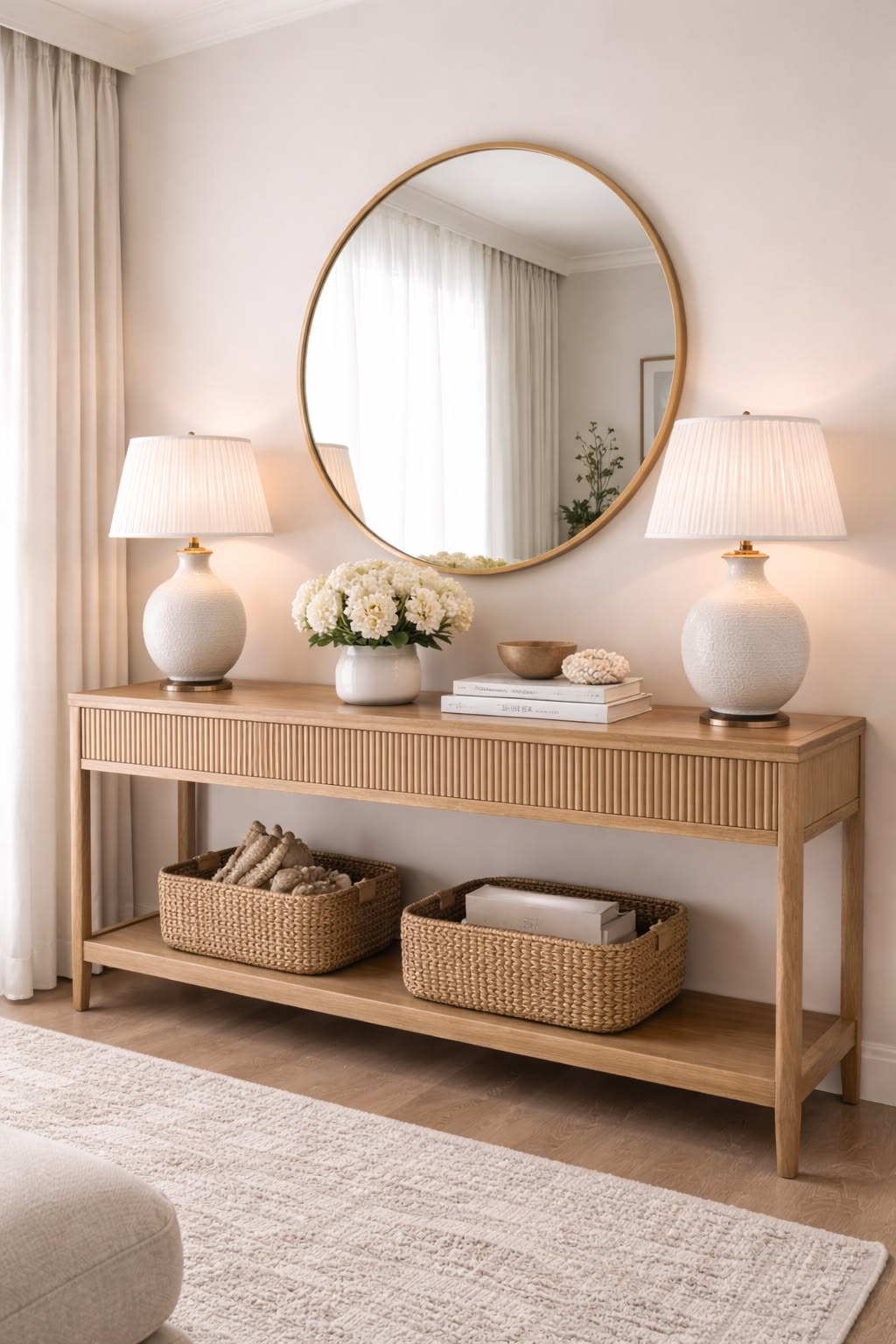 Two matching white ceramic lamps flanking a floral arrangement on an entryway console beneath a round mirror