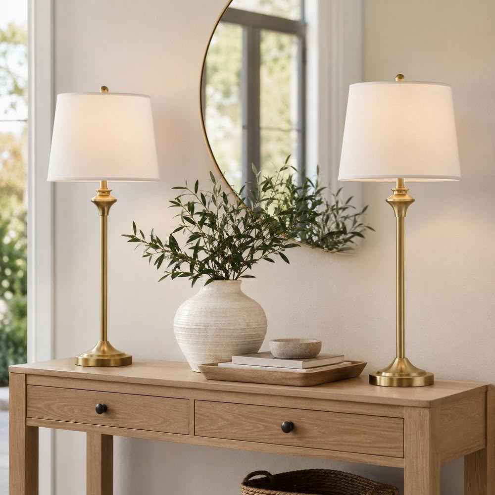 Console table with two matching lamps, a vase and stacked books beneath a round mirror