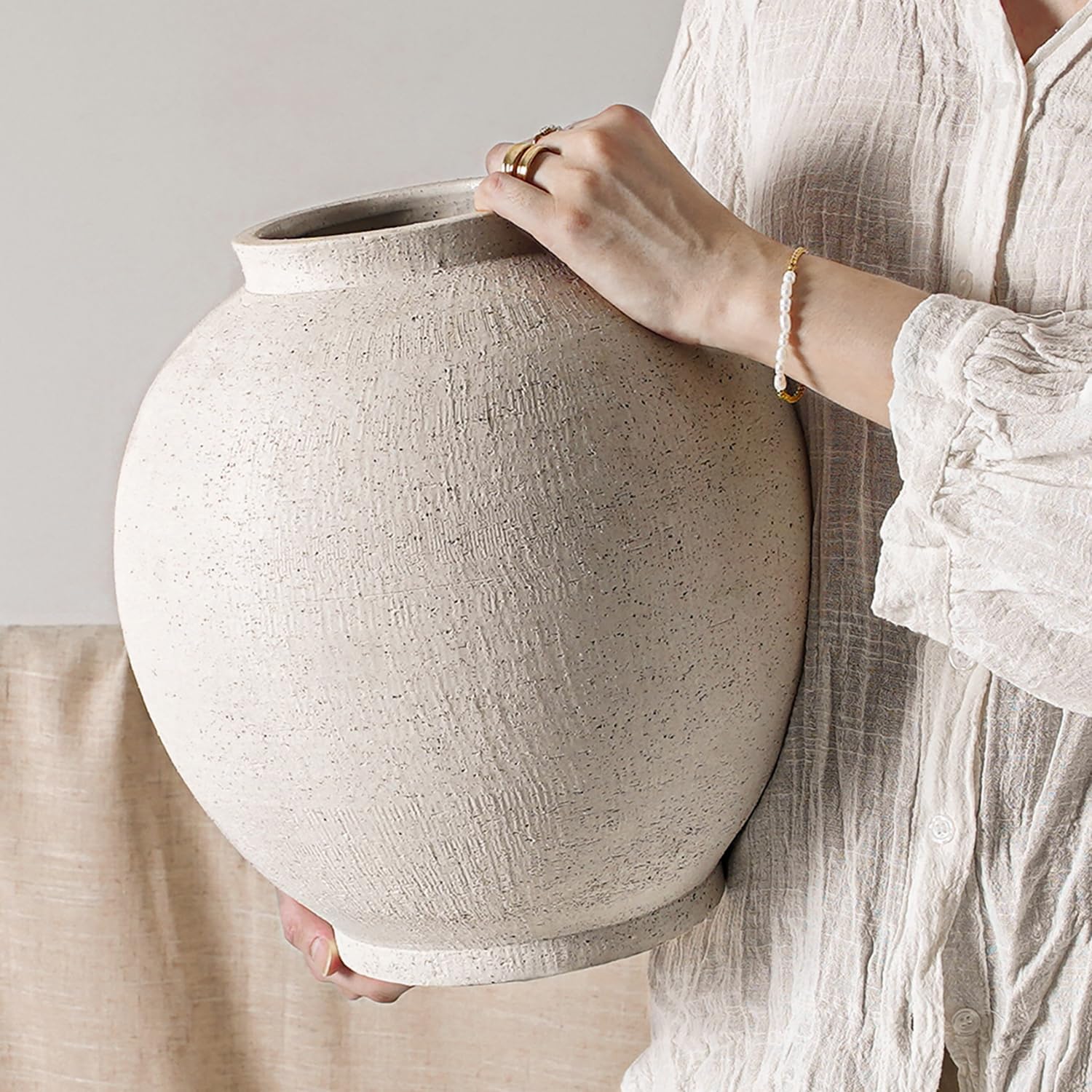 White Ceramic Vase, Large 12.5 Inch Round Floor Vase