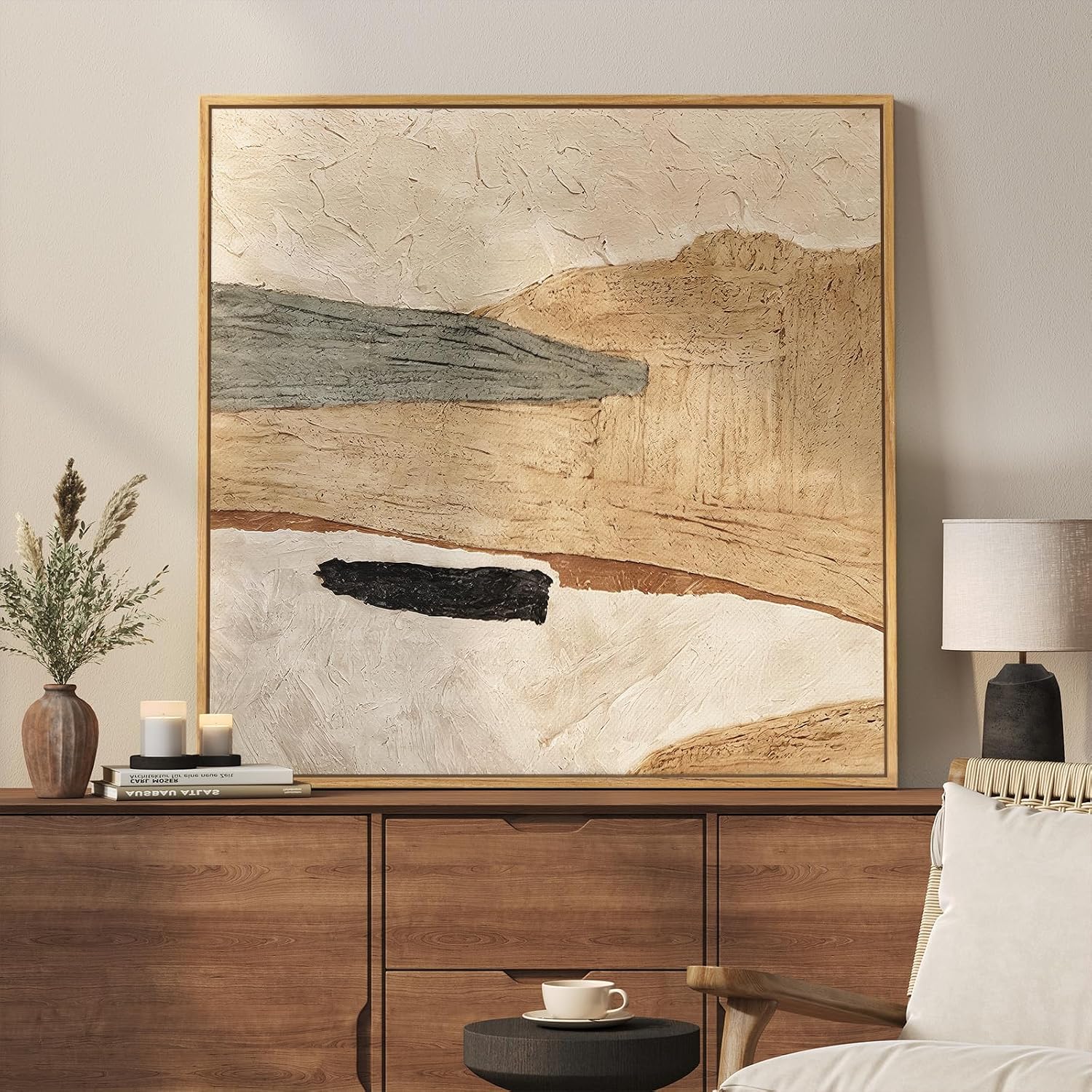 Framed Neutral Organic Abstract Canvas Wall Art, 30x30 Inch
