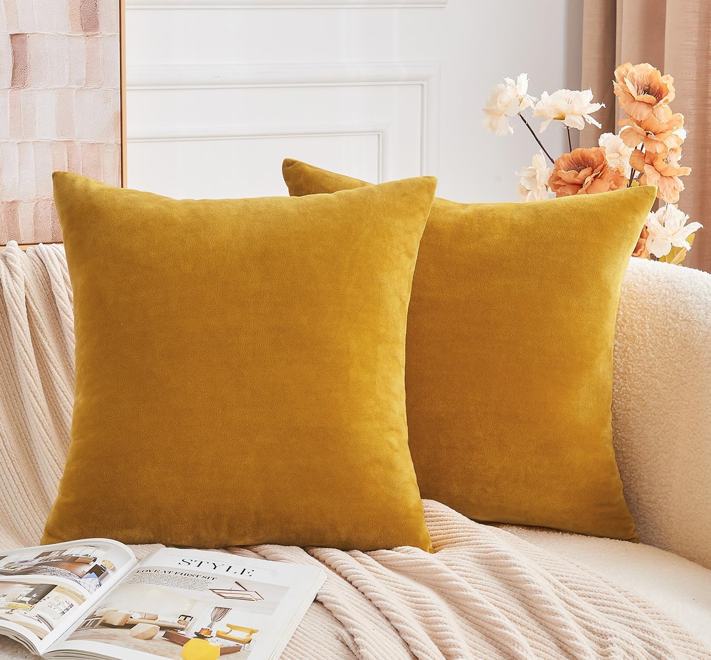 Mustard Yellow Velvet Throw Pillow Covers, Set of 2, 18 x 18 Inch