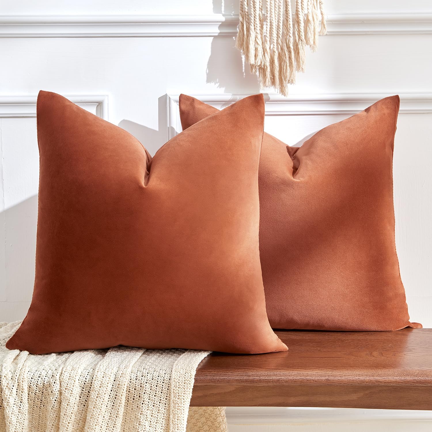 Rust Velvet Throw Pillow Covers, Set of 2, 18 x 18 Inch