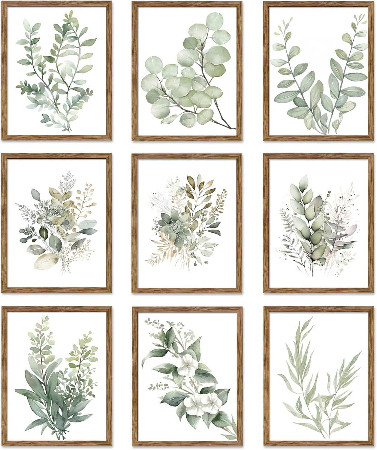 Sage Green Botanical Wall Art Set of 9, Watercolor Poster Prints