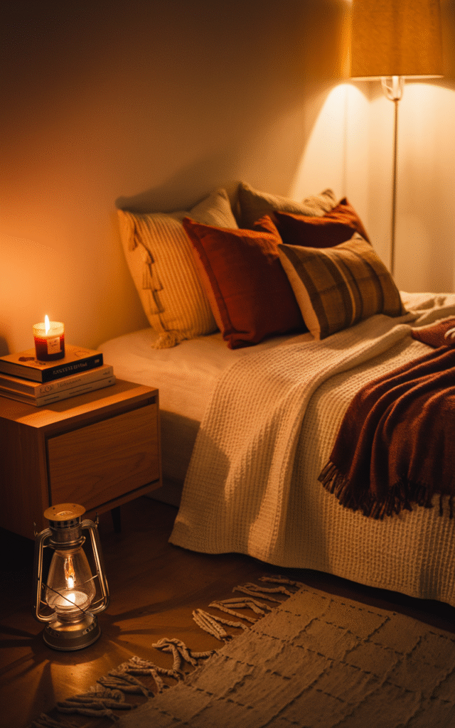 Bed with rust and plaid pillows lit warmly by a floor lamp, with a lit candle and stacked books on the nightstand and a vintage lantern on the floor
