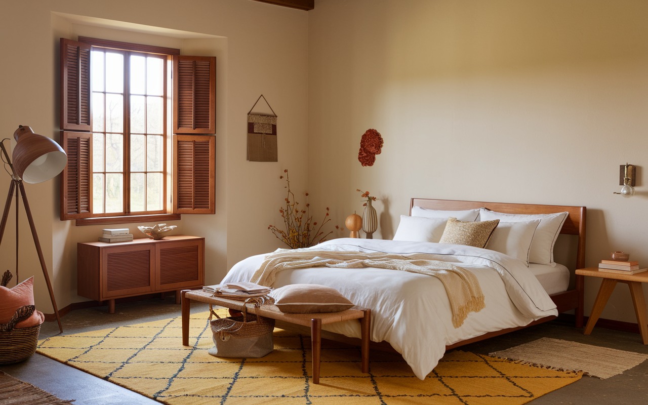 Warm fall bedroom with a mustard yellow diamond-pattern rug, rust headboard, white bedding and a tripod floor lamp beside a shuttered window