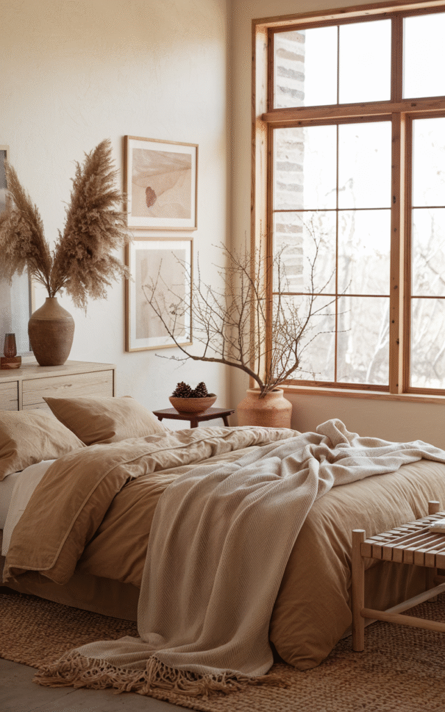 Warm fall bedroom with tan linen bedding, dried pampas grass and branches in ceramic vases, and a bowl of pinecones on a side table