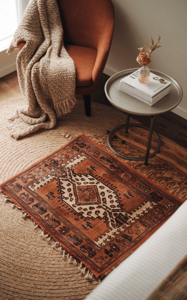 Round woven jute rug layered with a smaller patterned vintage-style rug beside a rust accent chair with a knit throw and a round side table