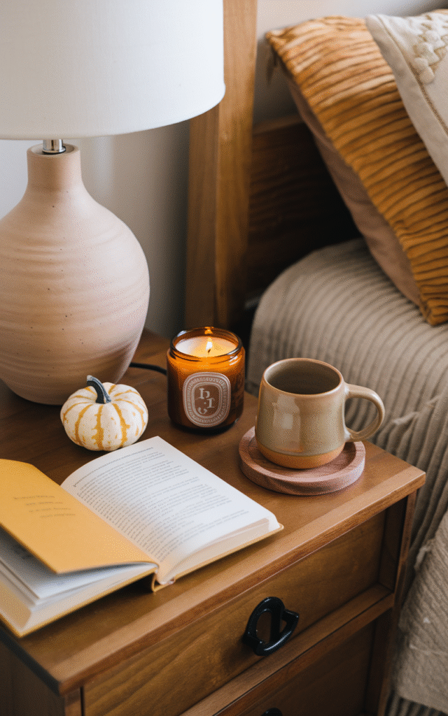 Nightstand styled with a ceramic lamp, a small white pumpkin, a lit amber candle, an open book and a mug of tea beside a bed with mustard pillows