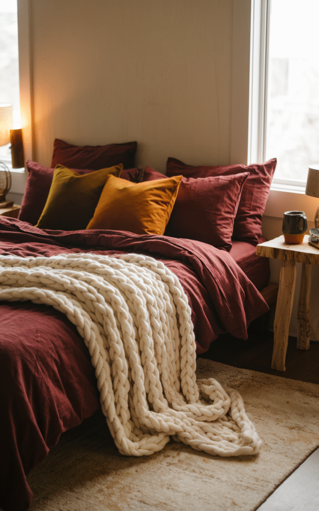 Bed with burgundy and mustard velvet pillows, a deep red duvet and a chunky cream knit throw folded across the foot