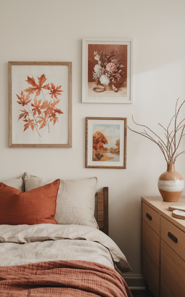 Framed botanical leaf print, a floral still life and a landscape painting hung above a bed with cream and rust-colored bedding