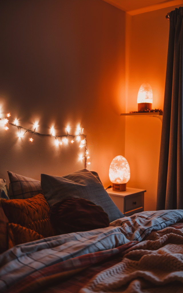 Dark bedroom lit warmly by string fairy lights along the headboard and a glowing salt lamp on a nightstand, with plaid and velvet pillows