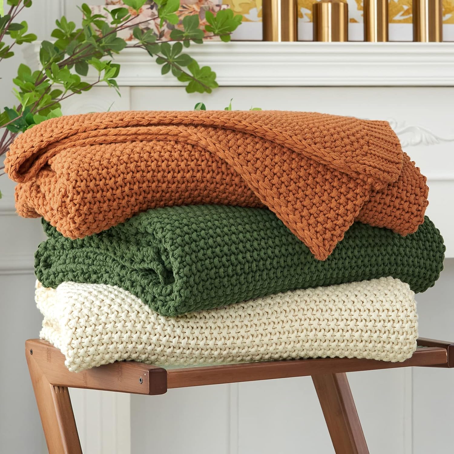 Longhui Chunky Cable Knit Throw Blanket, Beige, 100% Organic Cotton