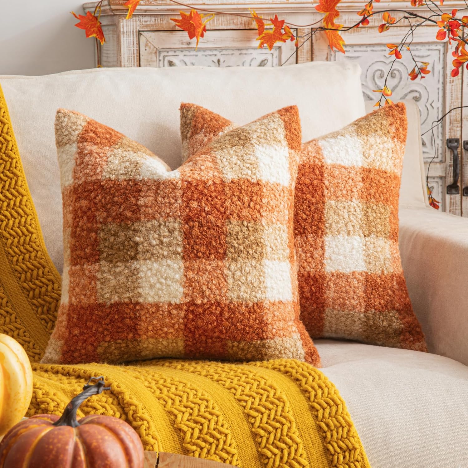 AQOTHES Plaid Fall Throw Pillow Covers, Orange, 18 x 18 Inch, Set of 2