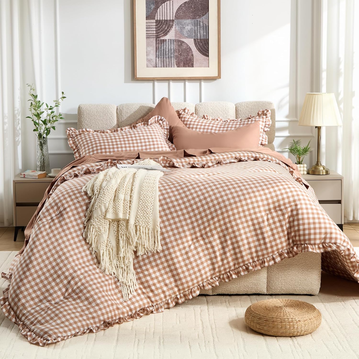 BDEUS 7 Piece Gingham Ruffle Comforter Set, Queen, Brown Tartan