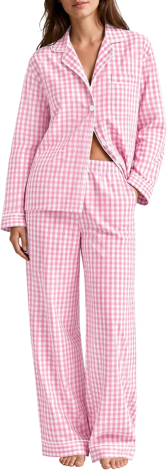 SWOMOG 100% Cotton Women's Button Down Pajama Set, Long Sleeve