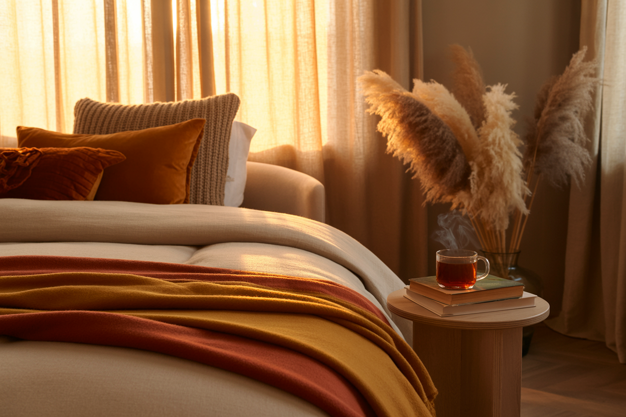 Cozy autumn bedroom styled for the fall season