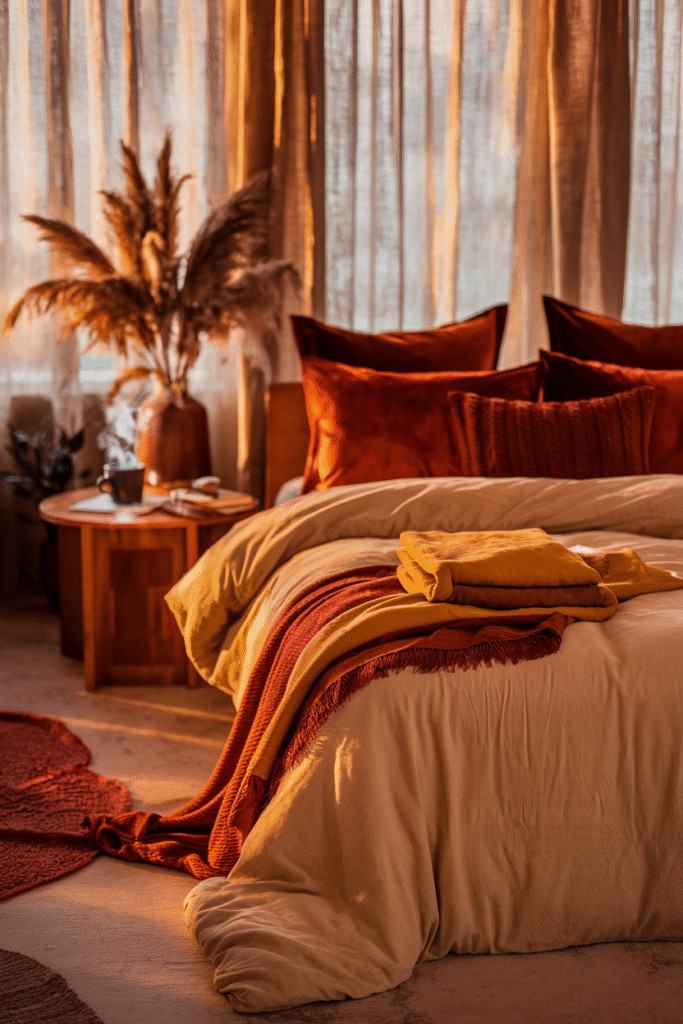 Warm autumn bedroom with layered textiles and soft lighting