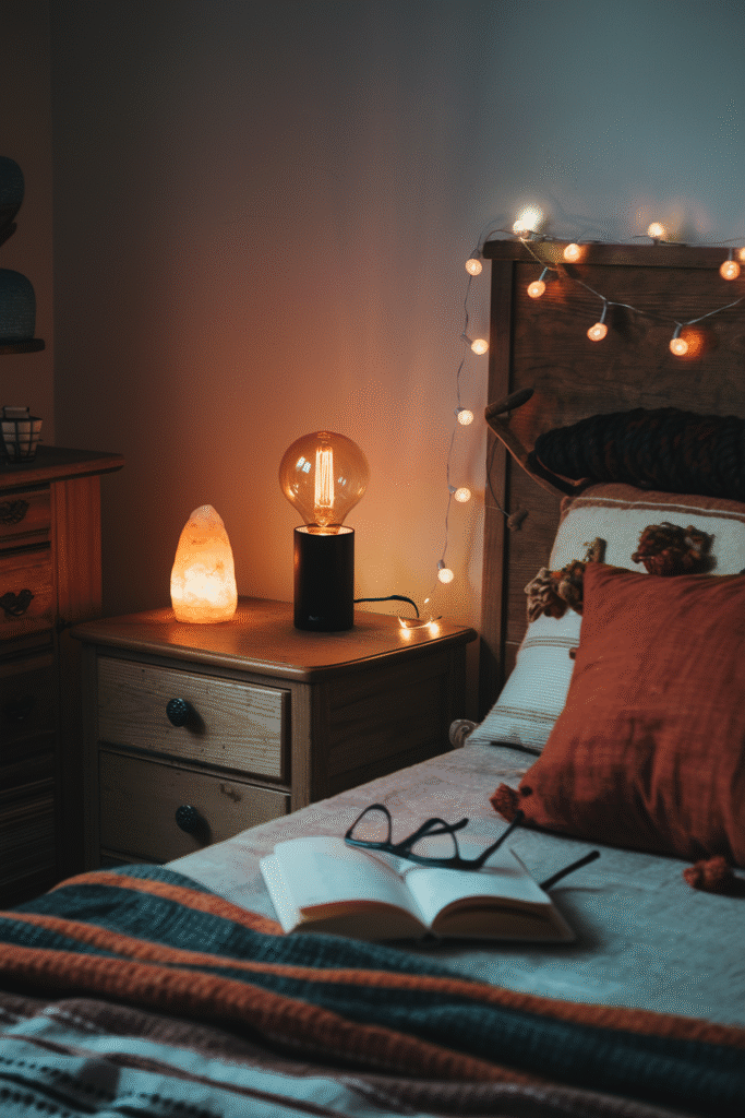 Warm bedside lighting creating a cozy fall evening mood