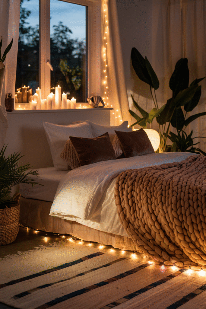 Soft ambient lighting enhancing a fall bedroom at night
