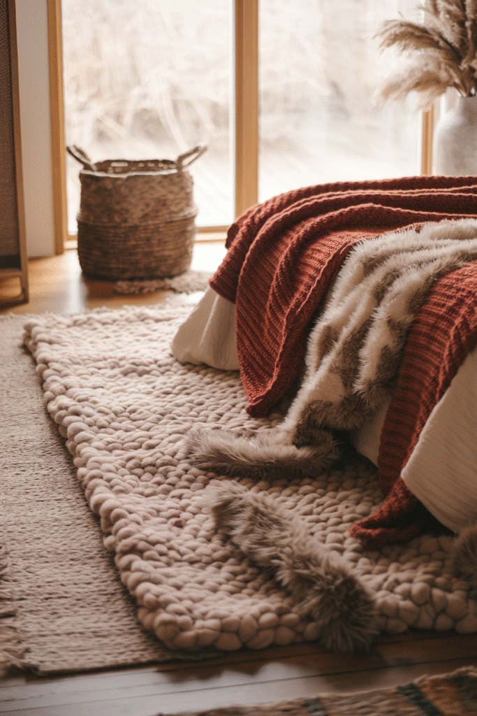 Soft area rug keeping feet warm in a fall bedroom
