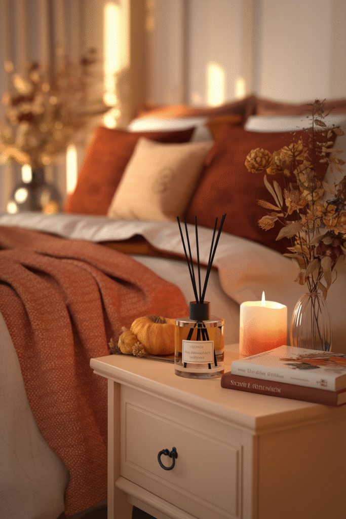 Fall-scented candle adding warmth to a cozy bedroom