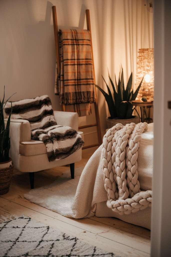 Chunky knit throw adding cozy texture to a fall bedroom